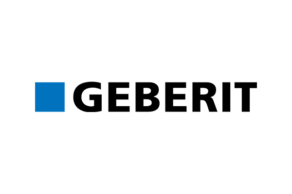Vi Bygger Vejle: Geberit logo med blå firkant og sort tekst.