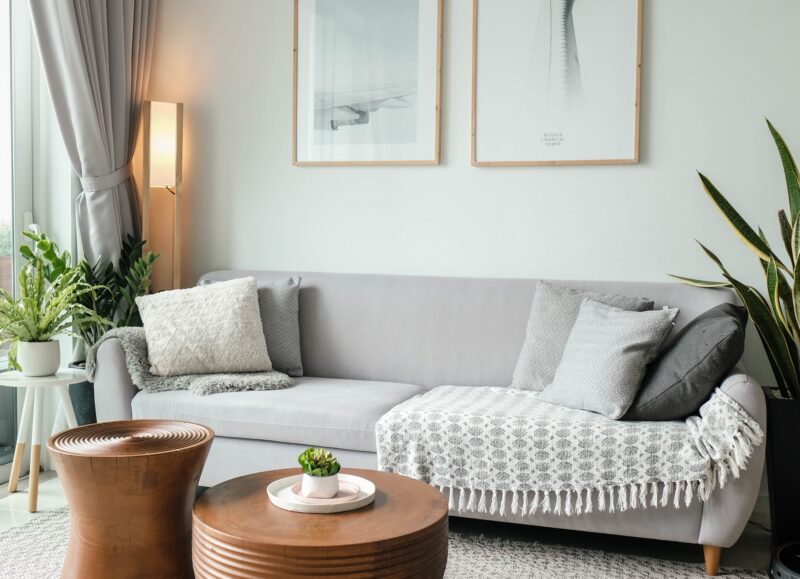 Vi Bygger Vejle: Moderne, lys stue med grå sofa, træborde, planter og billeder på væggen. Hyggelig indretning.