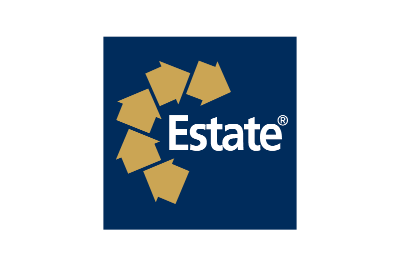 Vi Bygger Vejle: Estate logo med gyldne huse på en mørkeblå baggrund.