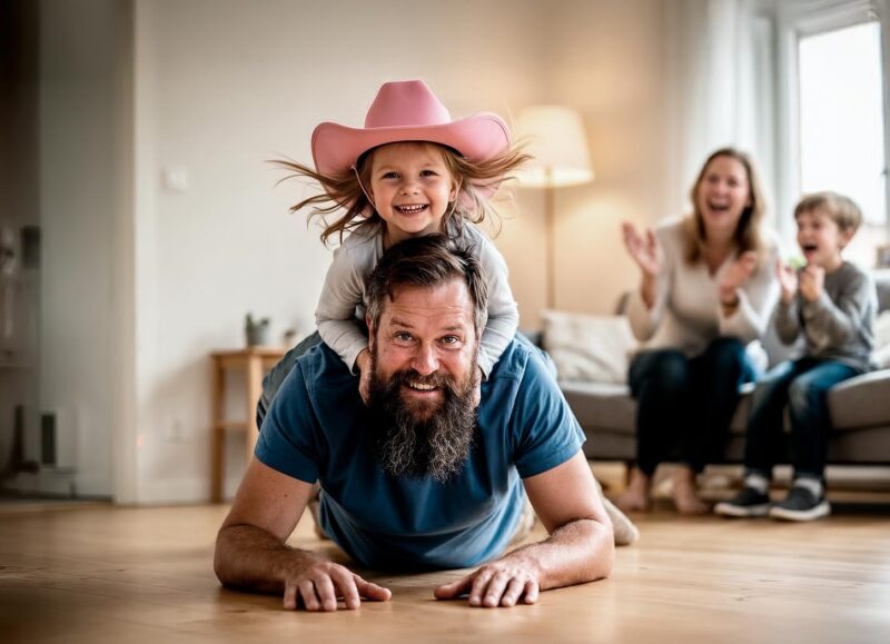 Vi Bygger Vejle: Glad familie leger på gulvet; far har datter på ryggen, mens mor og søn hepper fra sofaen.