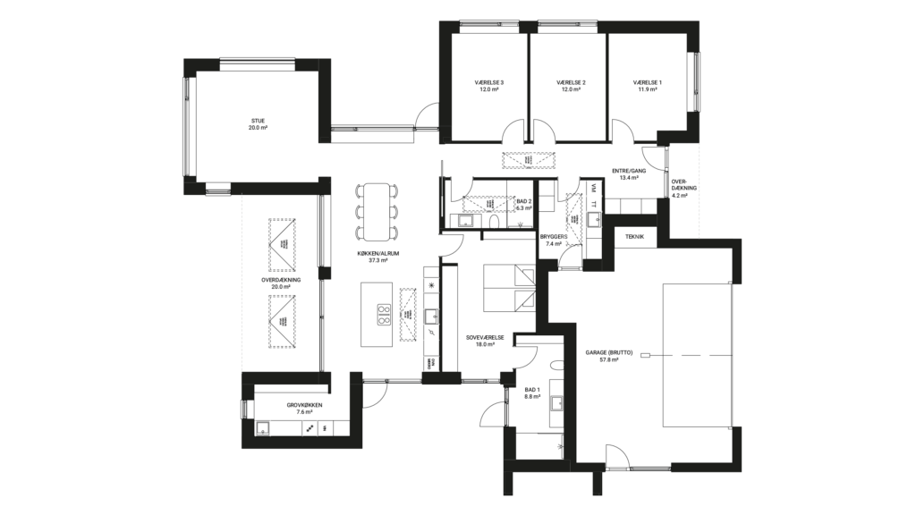 Vi Bygger Vejle: Grundplan over moderne etplanshus med køkken/alrum, stue, 4 værelser, 2 badeværelser, bryggers og garage.