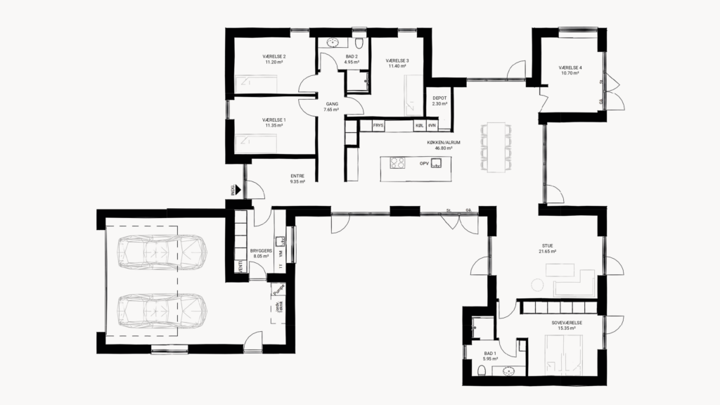 Vi Bygger Vejle: Plantegning af hus med fire værelser, køkken/alrum, stue, to badeværelser, bryggers og dobbeltgarage.