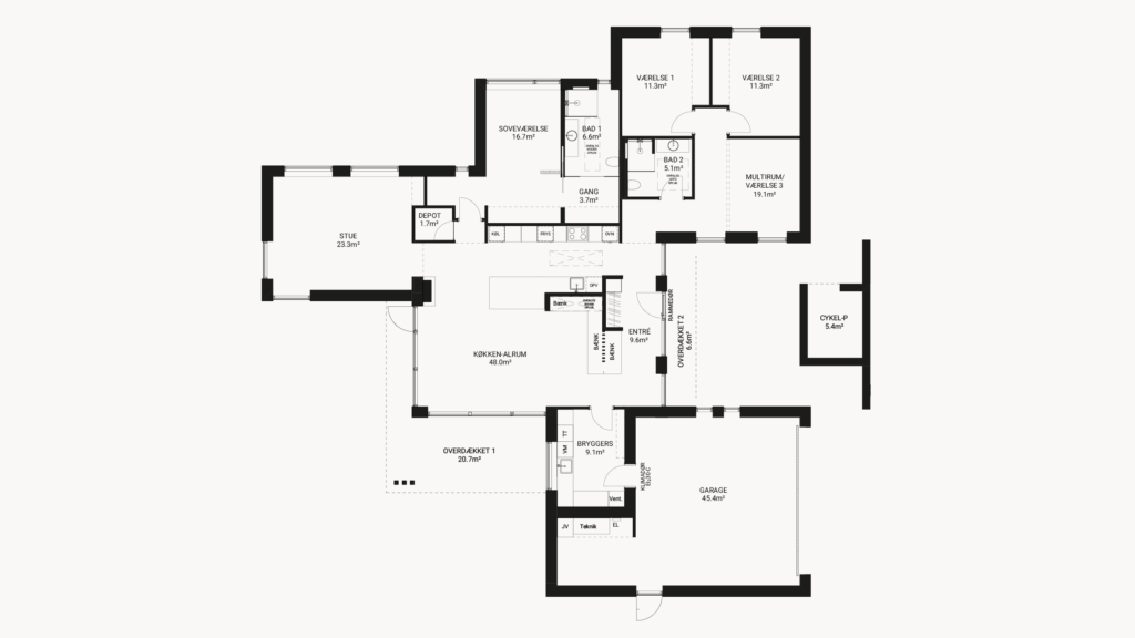 Vi Bygger Vejle: Plantegning af hus med stue, køkken-alrum, 3 værelser, soveværelse, 2 badeværelser og garage.
