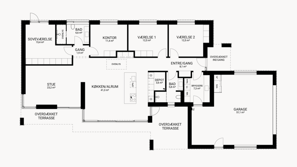 Vi Bygger Vejle: Plantegning af hus med værelser, køkken/alrum, stue, bad, bryggers og garage, med m2.