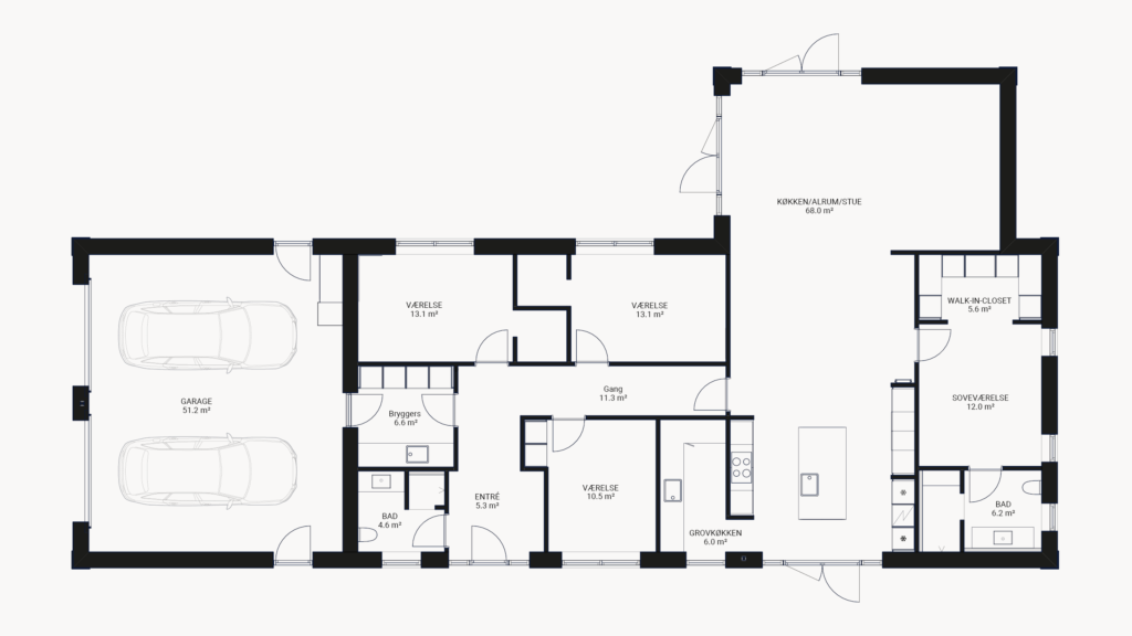 Vi Bygger Vejle: Plantegning af hus med garage, køkken/alrum, 4 værelser, 2 badeværelser, bryggers og walk-in-closet.