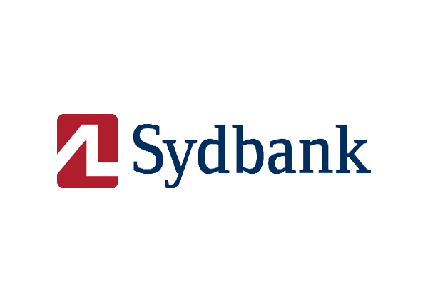 Vi Bygger Vejle: Sydbank logo med rød firkant, hvidt design og blåt Sydbank tekst.